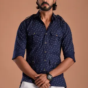 Sapphire Blue Hunting Style Cotton Printed Shirt Men - Adventure Premium | Jaipurio